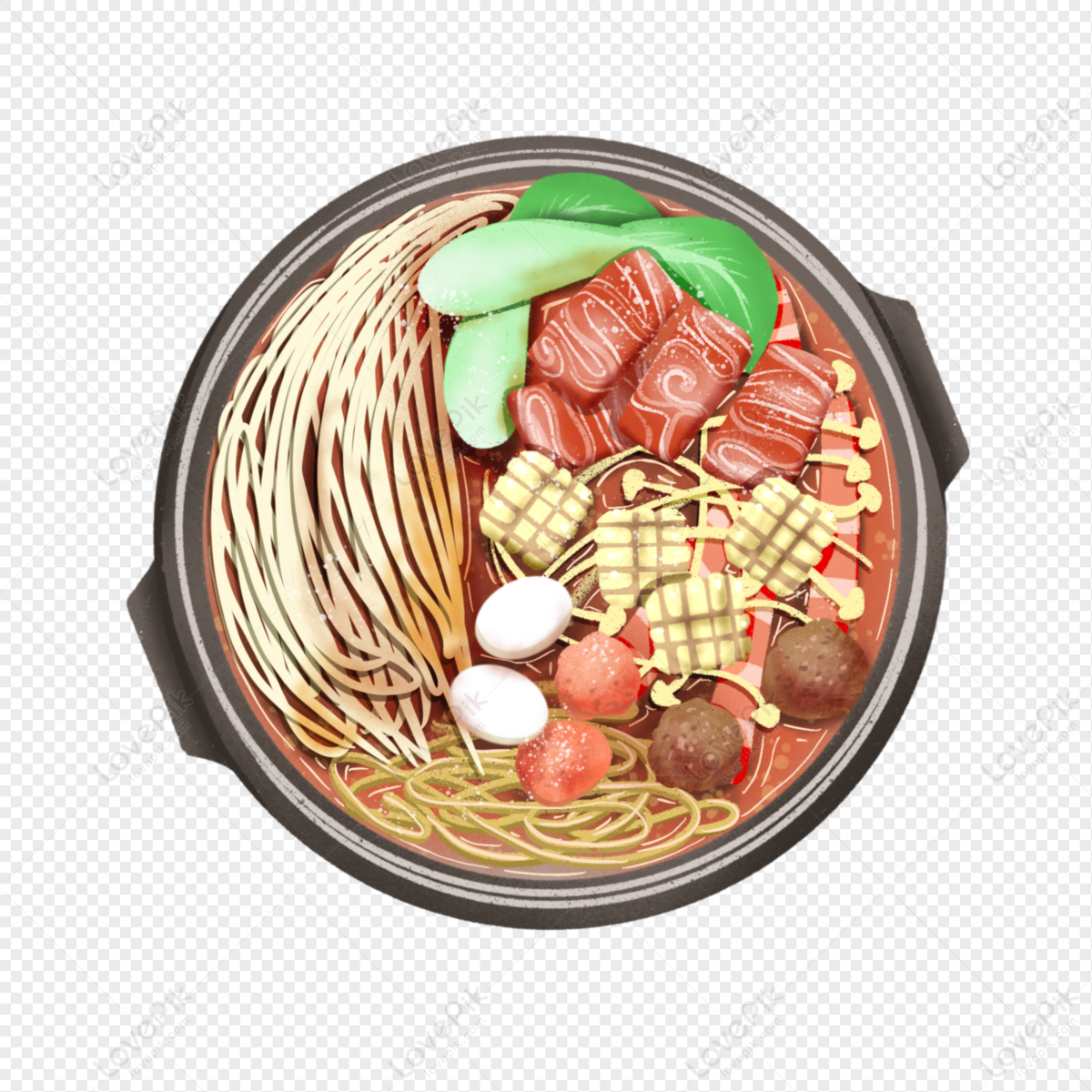 A top-down illustration of a steaming hot pot with noodles, beef slices, mushrooms, quail eggs, meatballs, and bok choy in rich broth.
