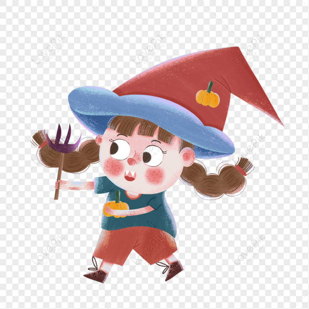 Cute cartoon girl in a red-and-blue witch hat holding a mini pumpkin and pitchfork, with pigtails and rosy cheeks.