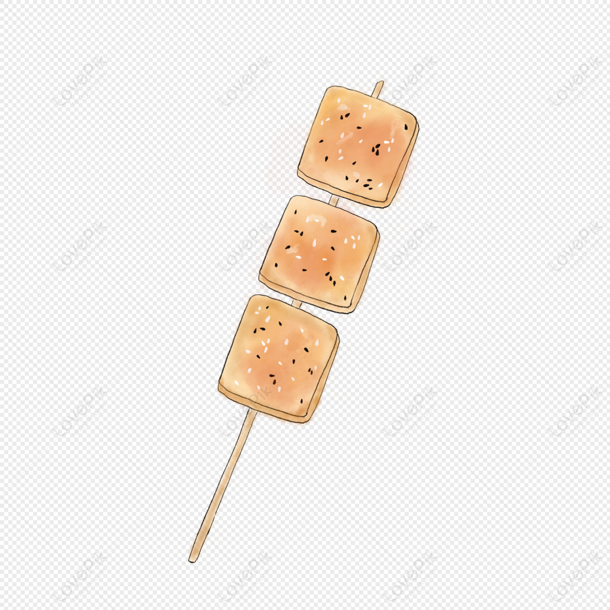 Three square grilled bread pieces with sesame seeds on a wooden skewer, illustrated in watercolor style.