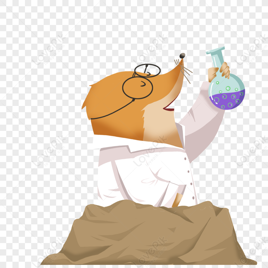 A cartoon fox scientist in a lab coat and glasses holds up a bubbling beaker while emerging from a mound of dirt.