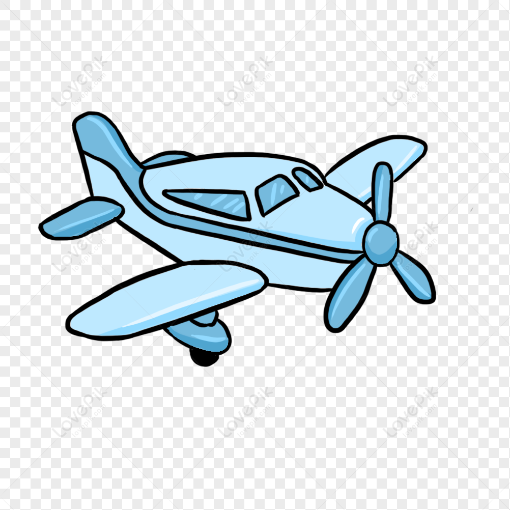 Light blue cartoon-style propeller airplane with black outlines on transparent background.