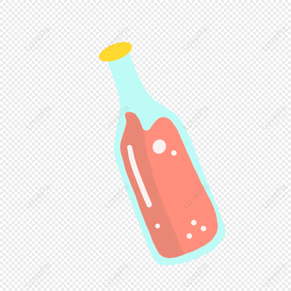 A cartoon-style glass bottle with a yellow cap, filled with pink liquid and bubbles, on transparent background.