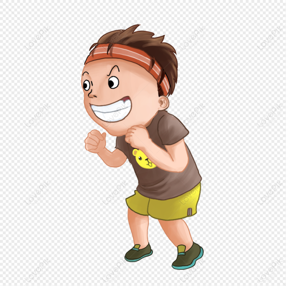 Happy cartoon boy running with headband, brown shirt, green shorts, and sneakers.
