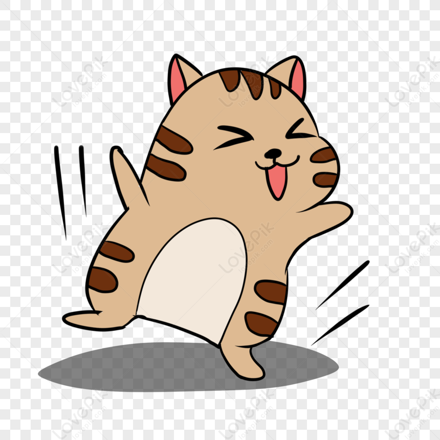 Cheerful cartoon tabby cat dancing with tongue out and motion lines, joyful expression on transparent background.