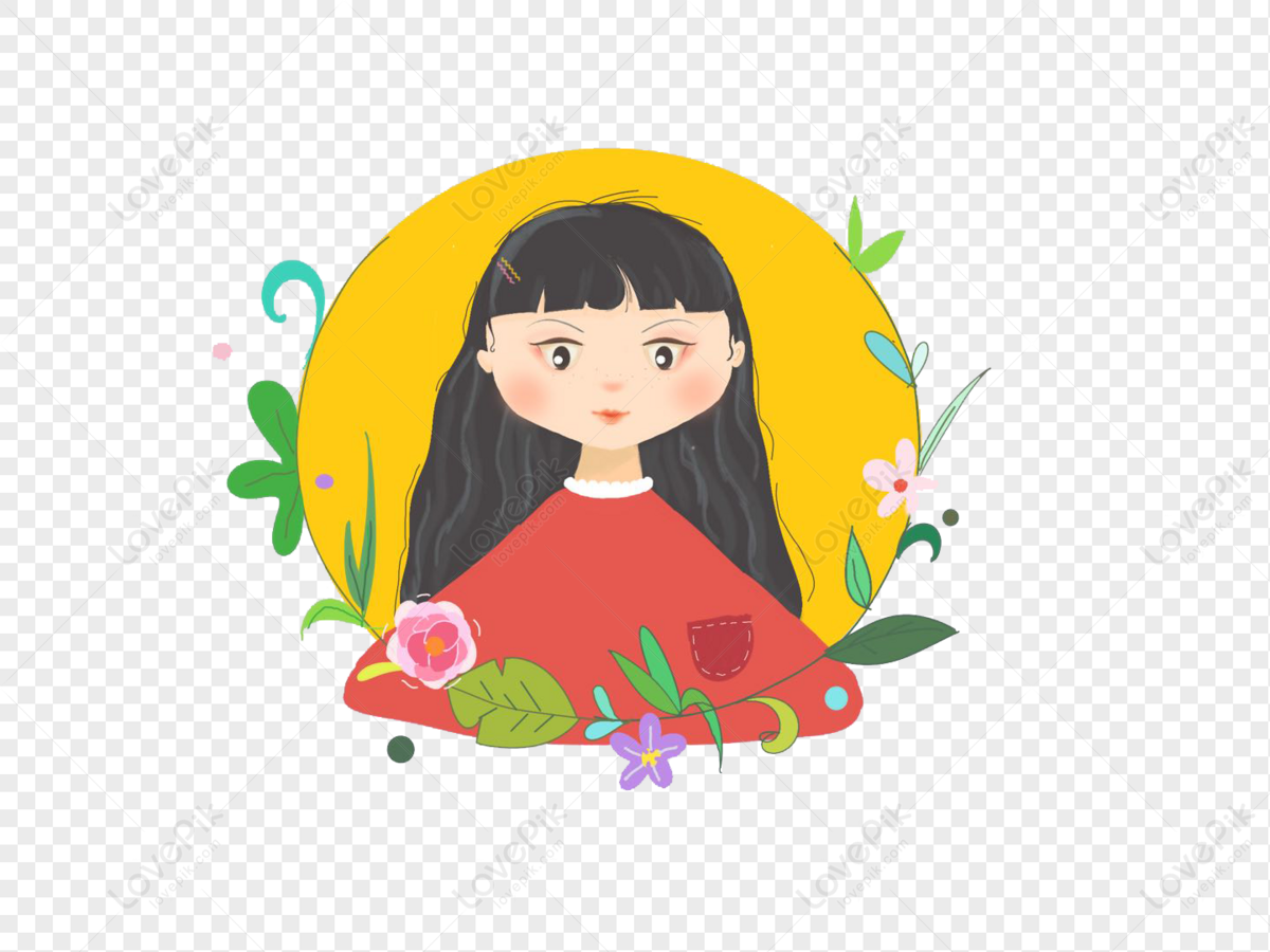 Cute illustrated girl with long black hair, red dress, and floral decorations inside a yellow circular frame.