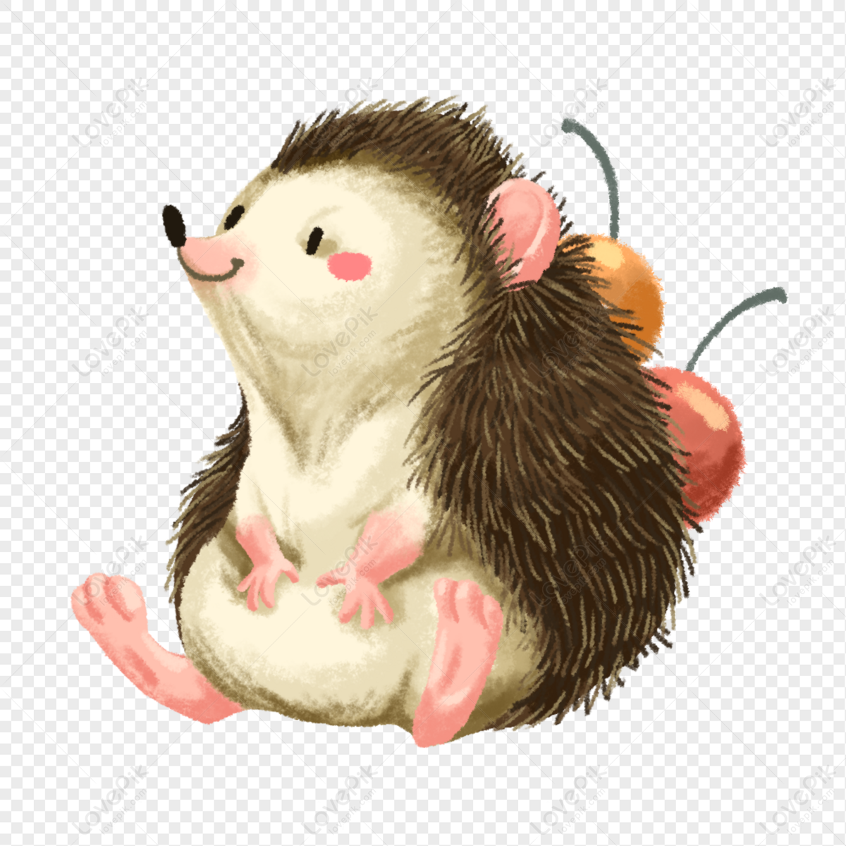 Cute watercolor hedgehog with cherries on its back, smiling and sitting upright.