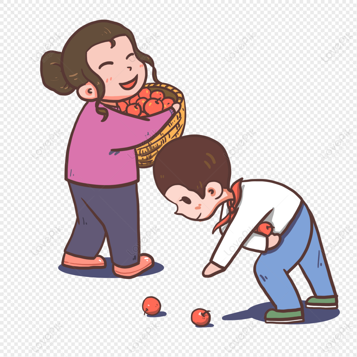 A smiling woman holds a basket of apples while a boy picks up fallen ones from the ground.