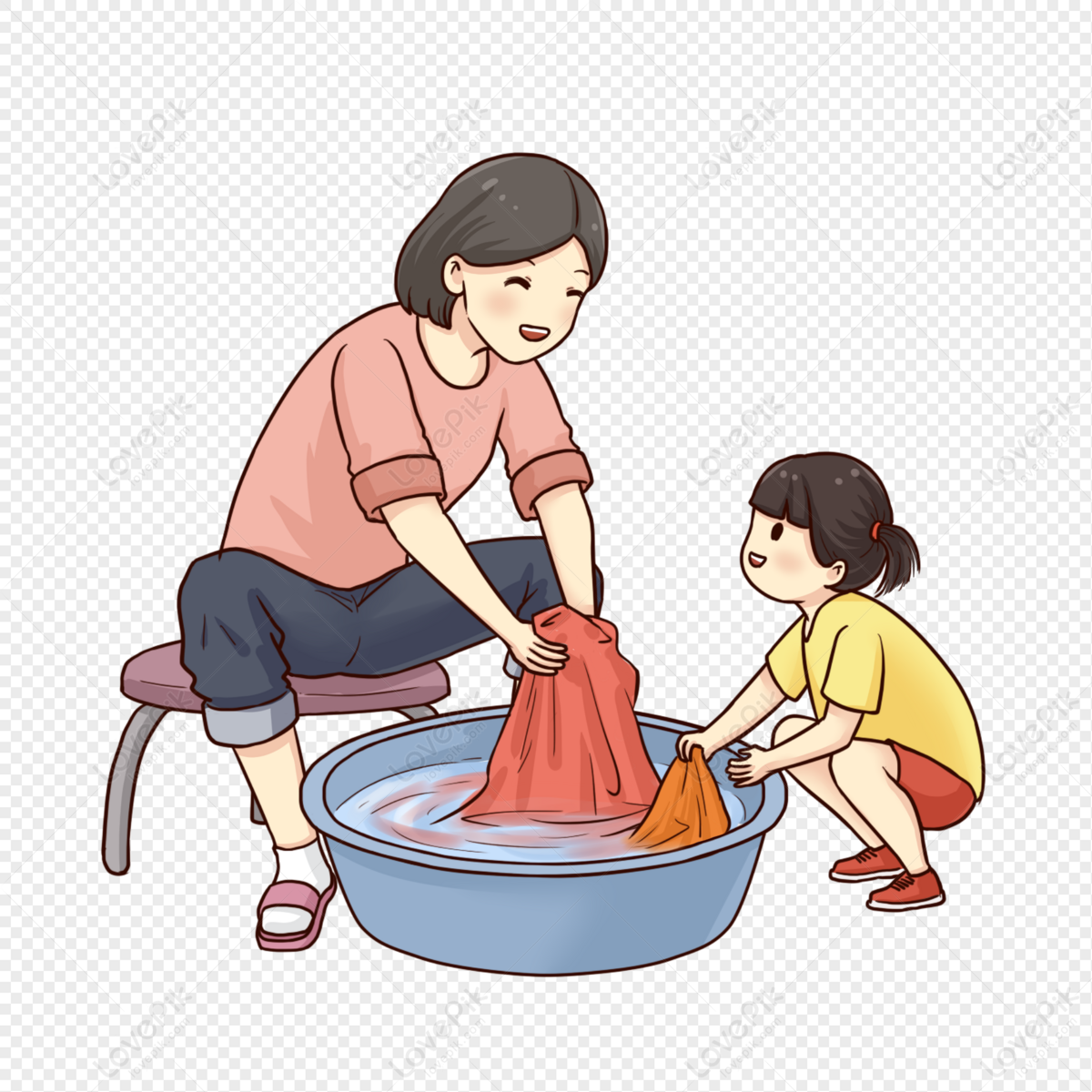 A mother and daughter washing clothes together in a basin, smiling warmly.