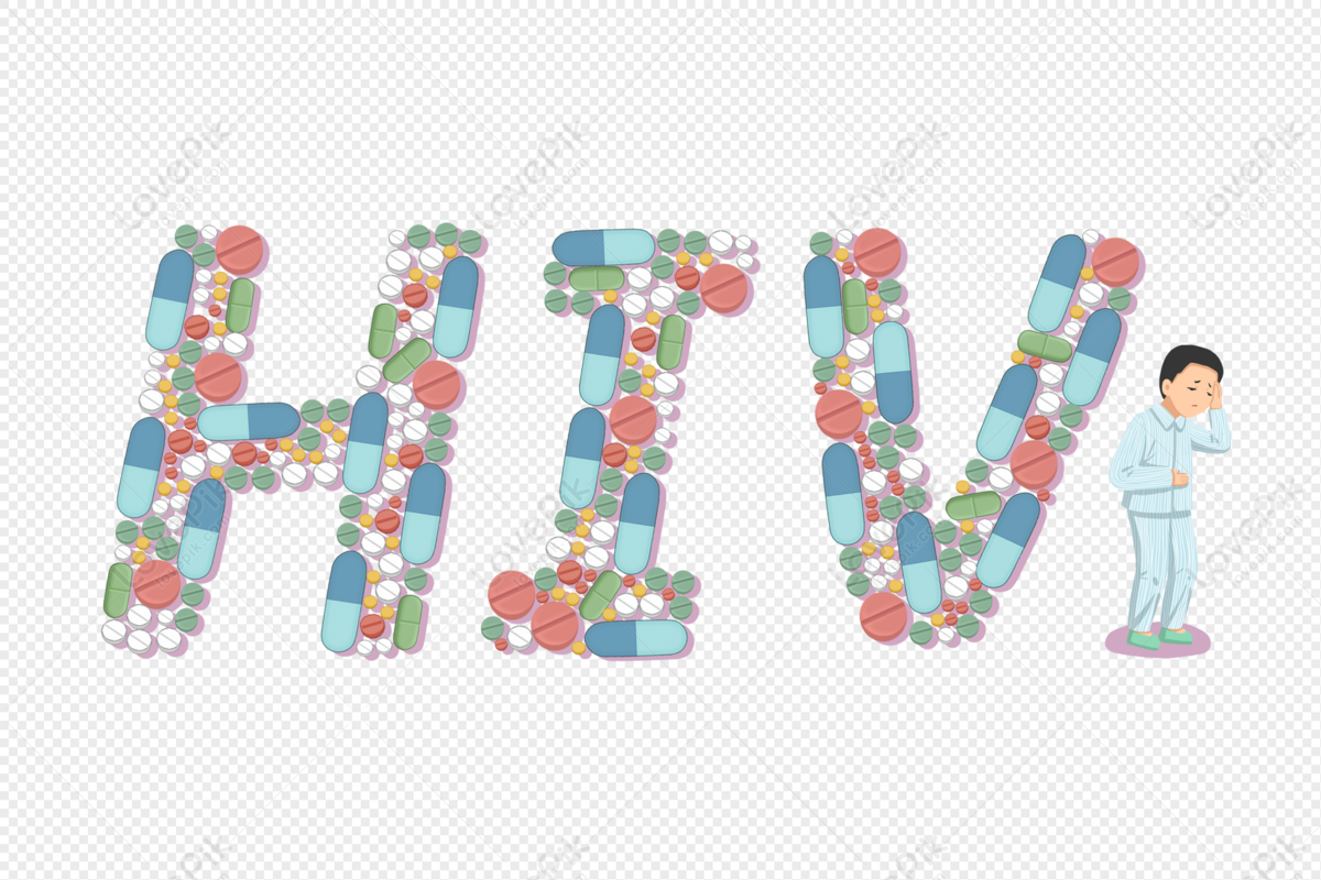 "HIV" formed from colorful pills with a sick person standing beside it, symbolizing treatment and health impact.