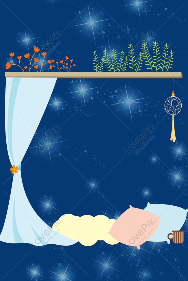 A cozy night scene with starry sky, dreamcatcher, pillows, mug, and shelf with plants and flowers behind a draped curtain.