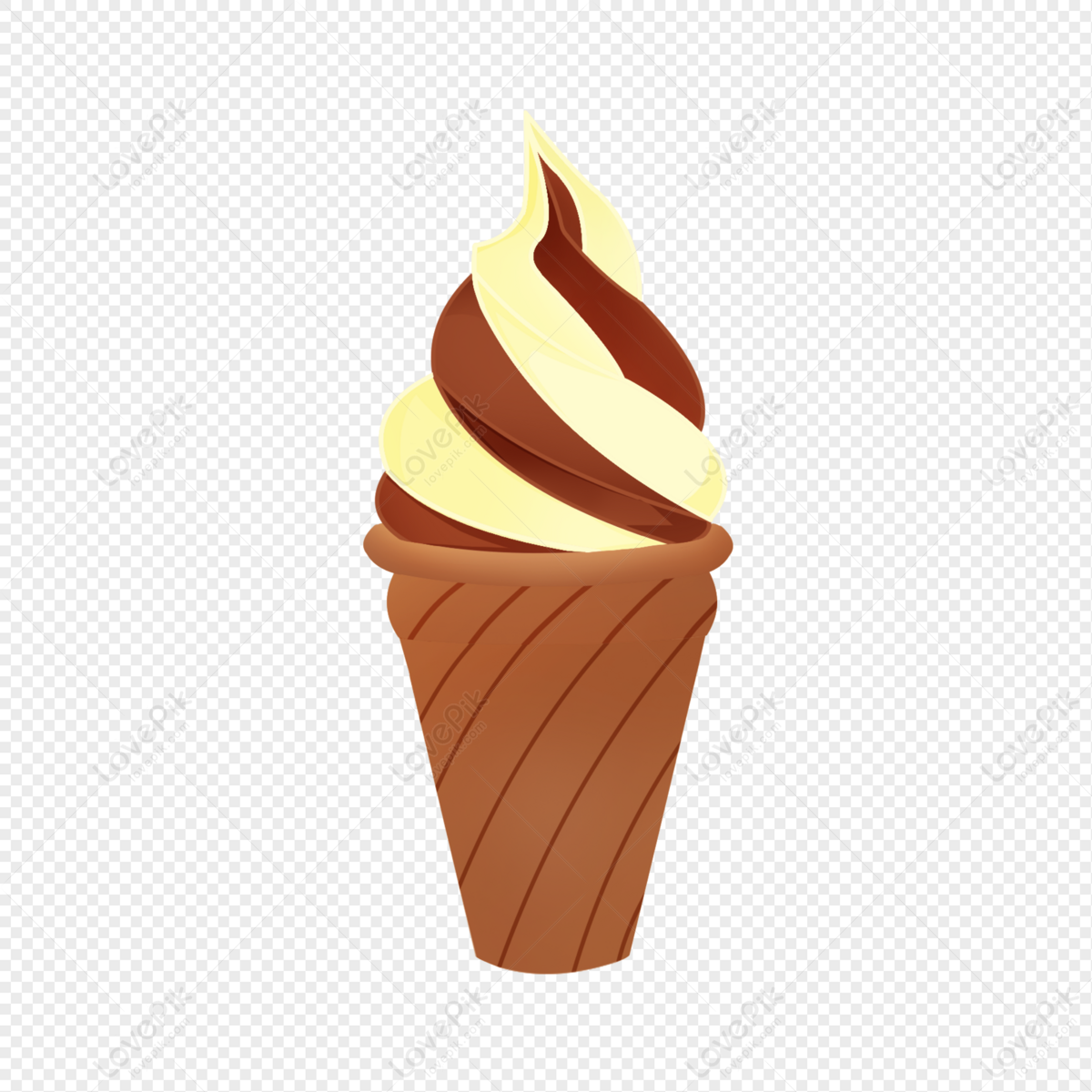 Swirled vanilla and chocolate soft-serve ice cream in a brown waffle cone on transparent background.
