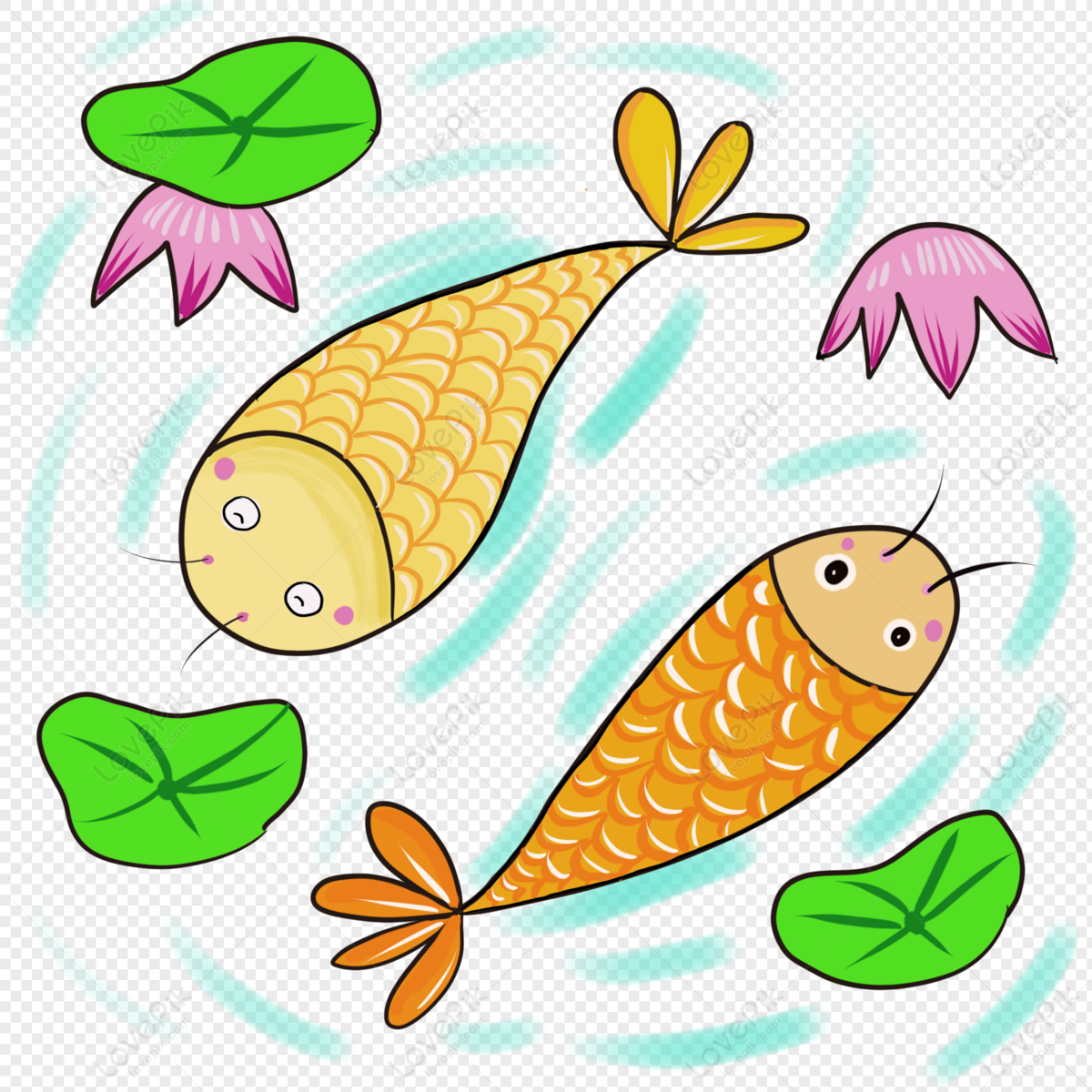 Two cartoon koi fish swimming among lily pads and pink lotus flowers in a pond.