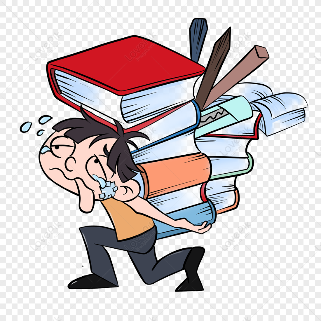 Cartoon boy struggling under a heavy stack of books, sweating and crying from academic pressure.