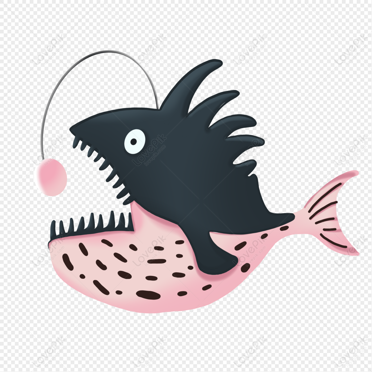 Cartoon anglerfish with pink body, black head, and glowing lure on transparent background.