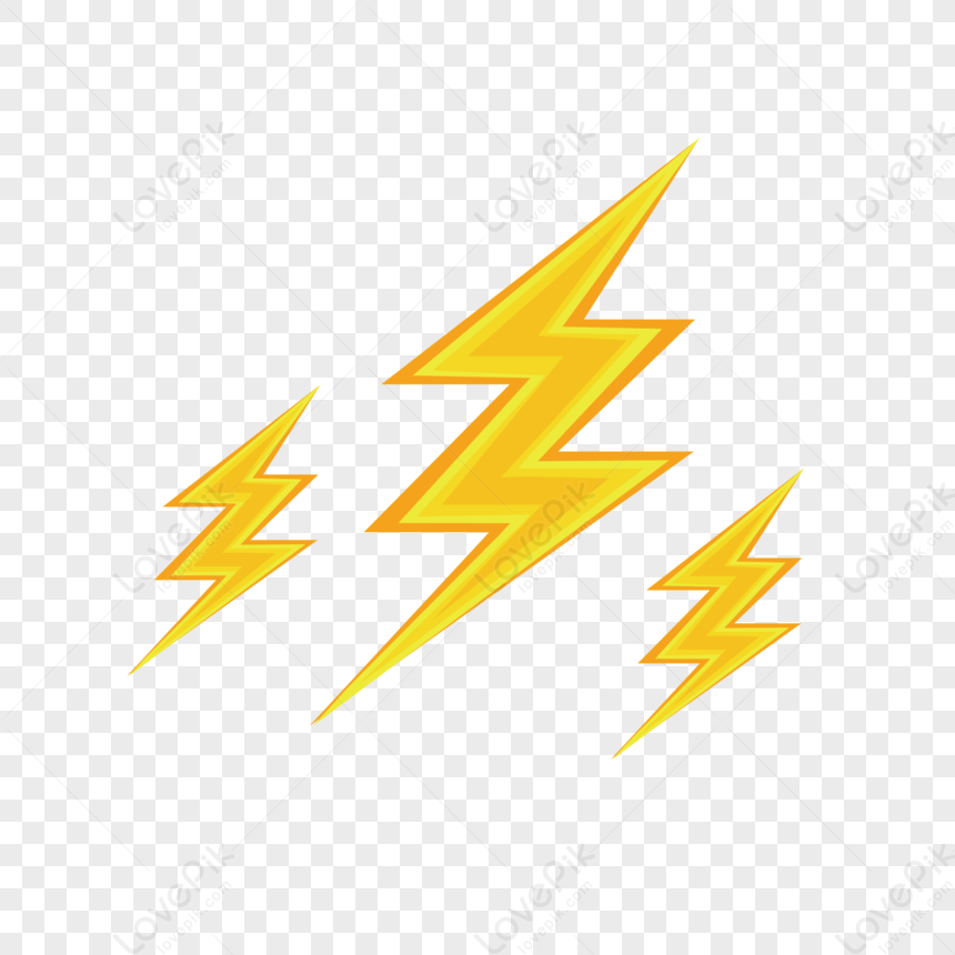 Three stylized yellow lightning bolts of varying sizes on transparent background, conveying energy and power.