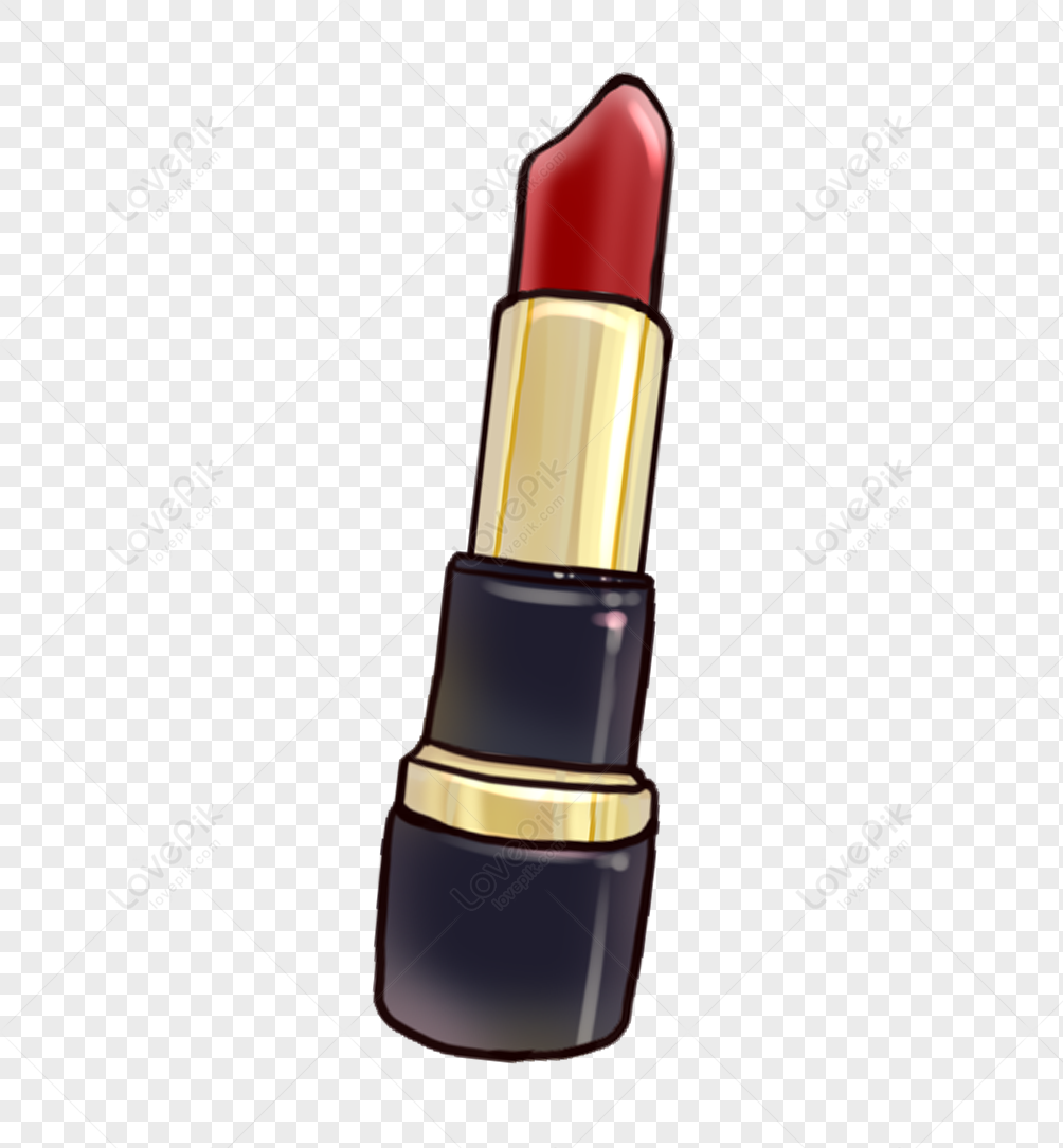 Classic red lipstick with gold-trimmed black case, illustrated in cartoon style on transparent background.