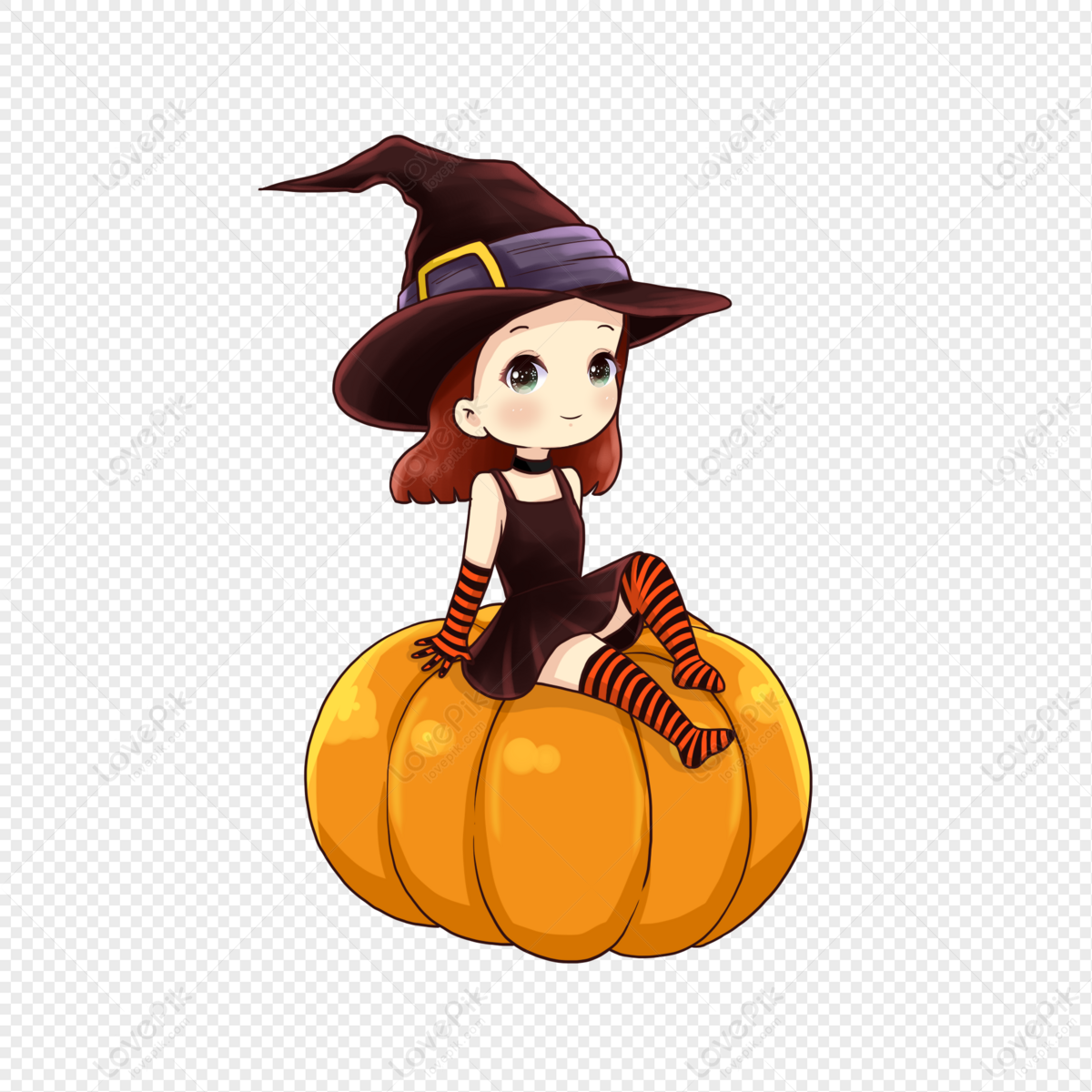 Cute chibi-style witch girl in a pointed hat sitting on a large orange pumpkin, wearing striped socks and a black dress.