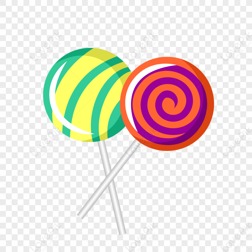 Two colorful lollipops-one with green and yellow stripes, the other with orange and purple swirls-on white sticks against a transparent background.