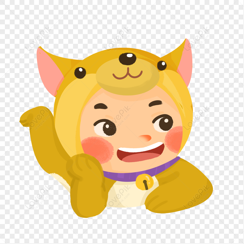 Cheerful child in a yellow cat costume waving happily with rosy cheeks and a bell collar.