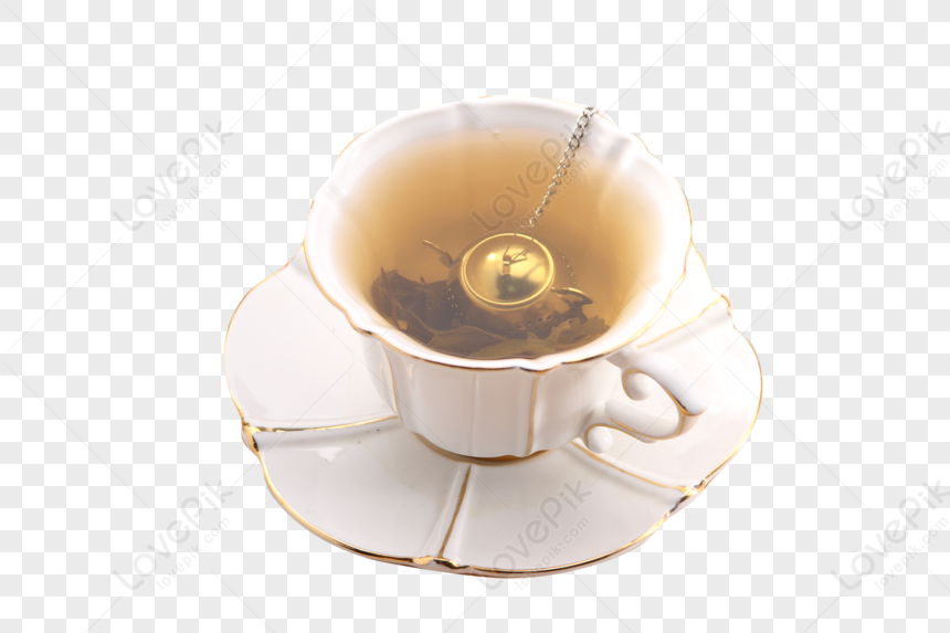 Elegant white porcelain teacup with gold trim, filled with amber tea and a metal infuser, resting on matching saucer.