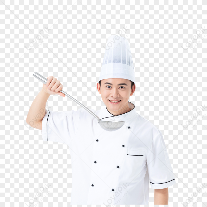 Smiling male chef in white uniform and toque holding a ladle, isolated on transparent background.