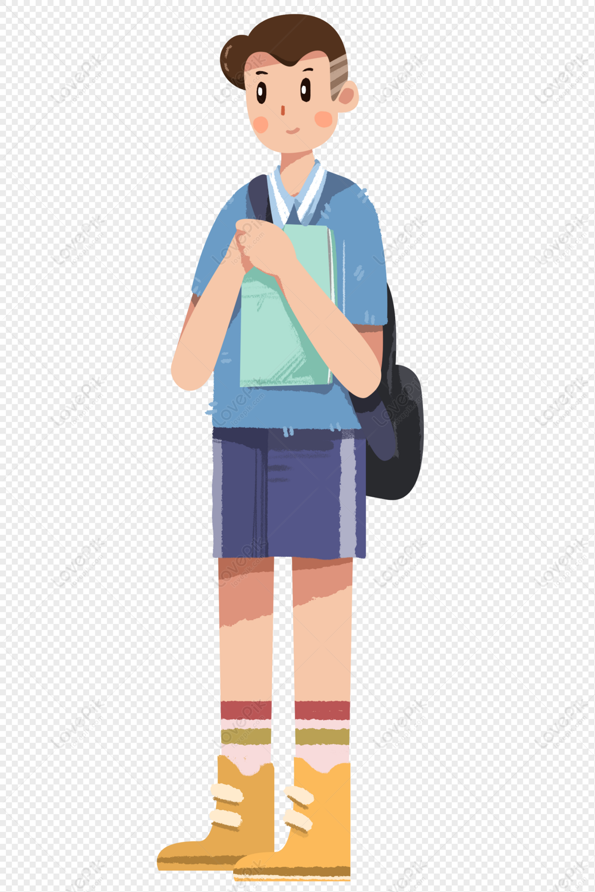 A cartoon boy in school uniform holding books, wearing a backpack and yellow boots.