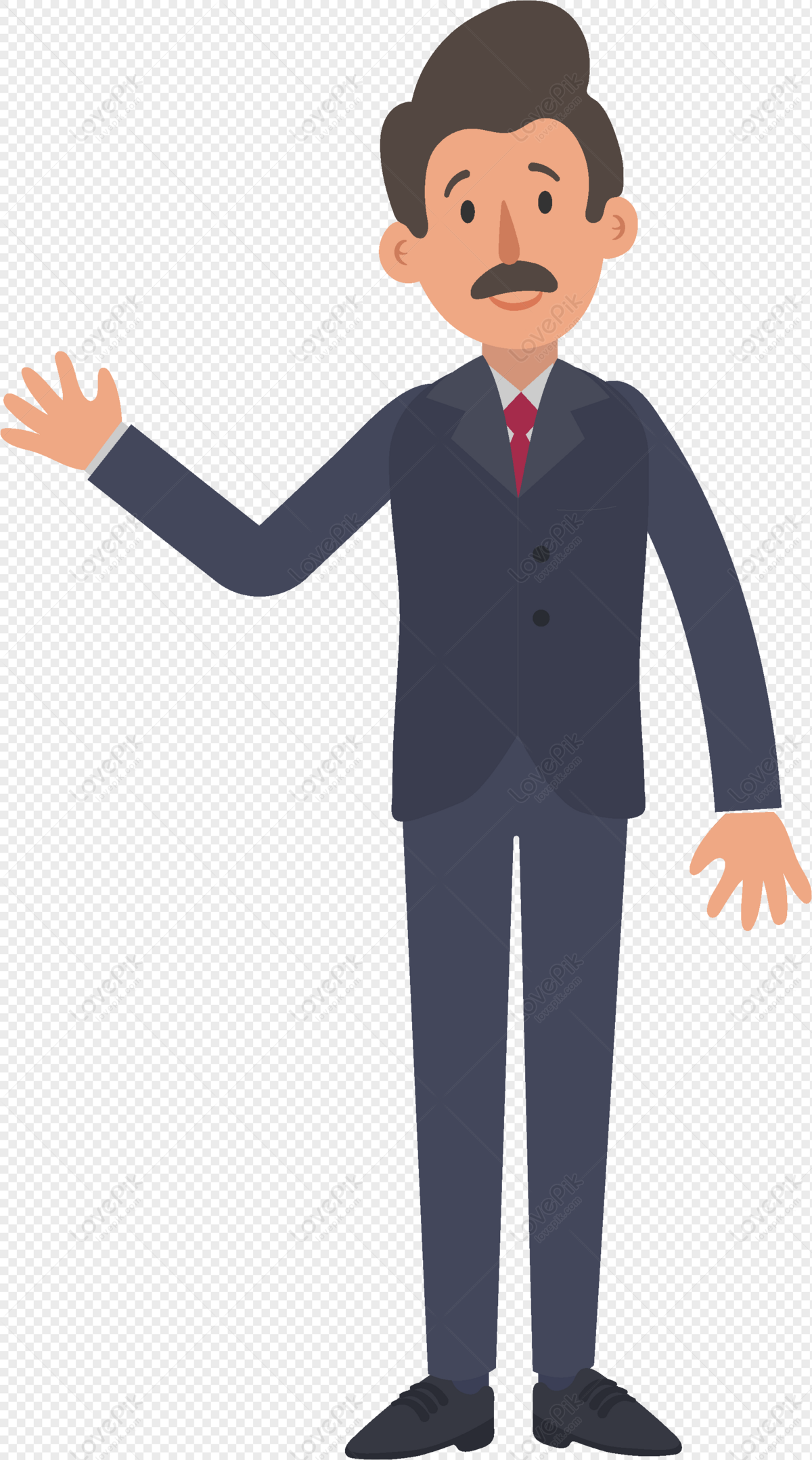 Cartoon businessman in dark suit waving with right hand, mustache, and confident expression.