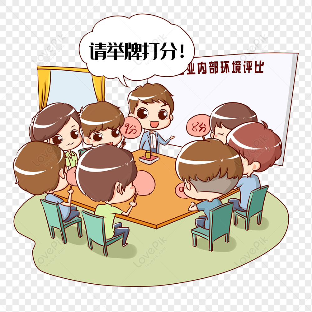 Cartoon team members holding scorecards during an internal environment evaluation meeting, led by a smiling facilitator.