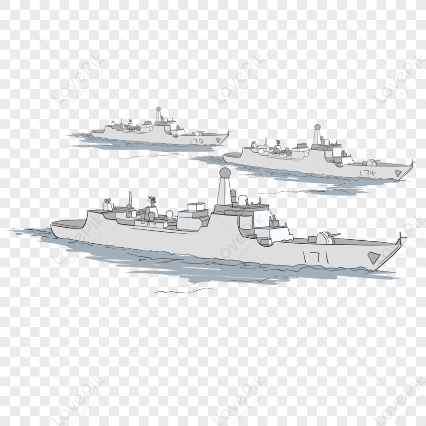 Three gray naval warships sailing in formation on water, illustrated in sketch style with hull numbers 171, 174, and 170 visible.