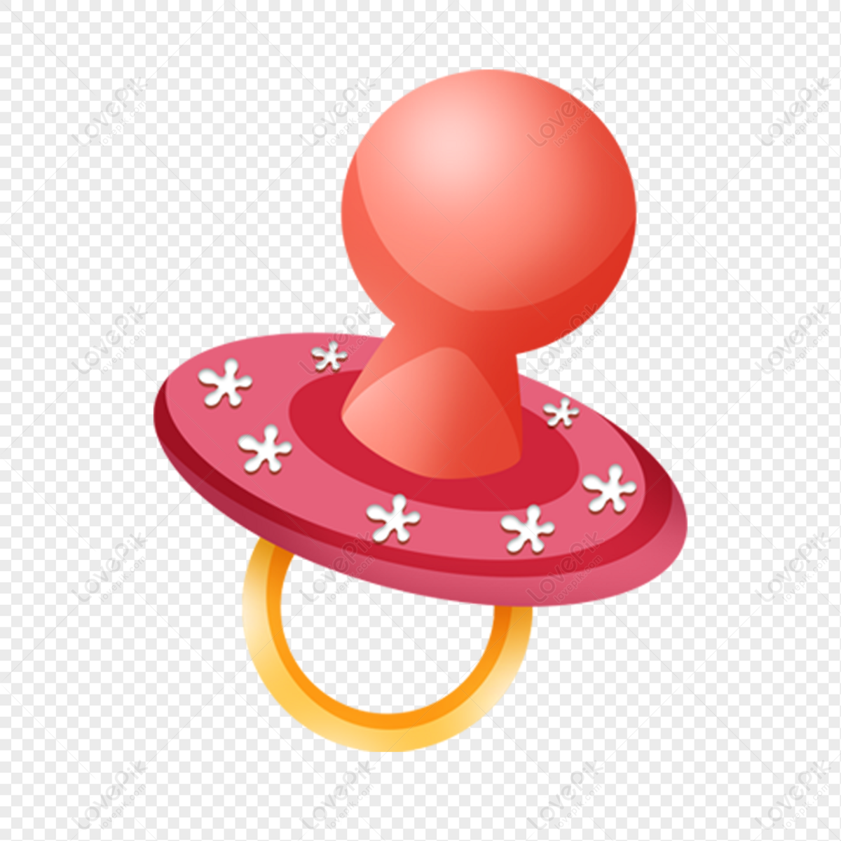 Pink pacifier with white star patterns and a golden ring, isolated on transparent background.