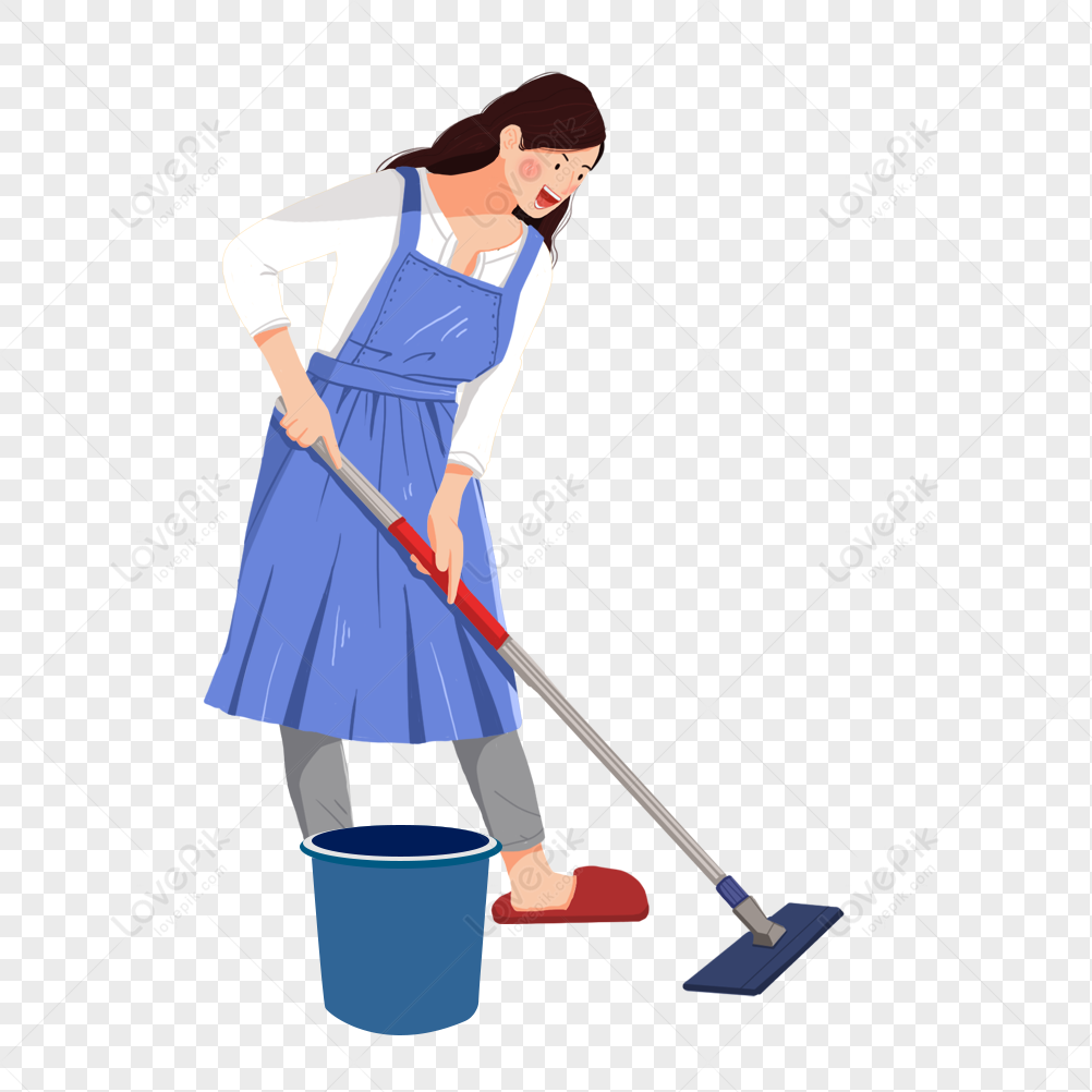 A smiling woman in a blue apron mopping the floor with a bucket nearby.