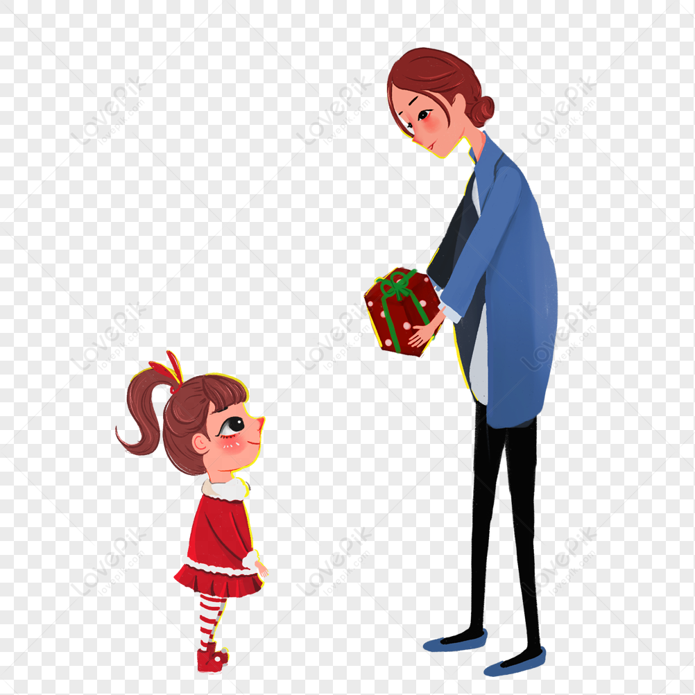 A woman in a blue coat hands a red gift box with green ribbon to a smiling girl in a festive red dress.