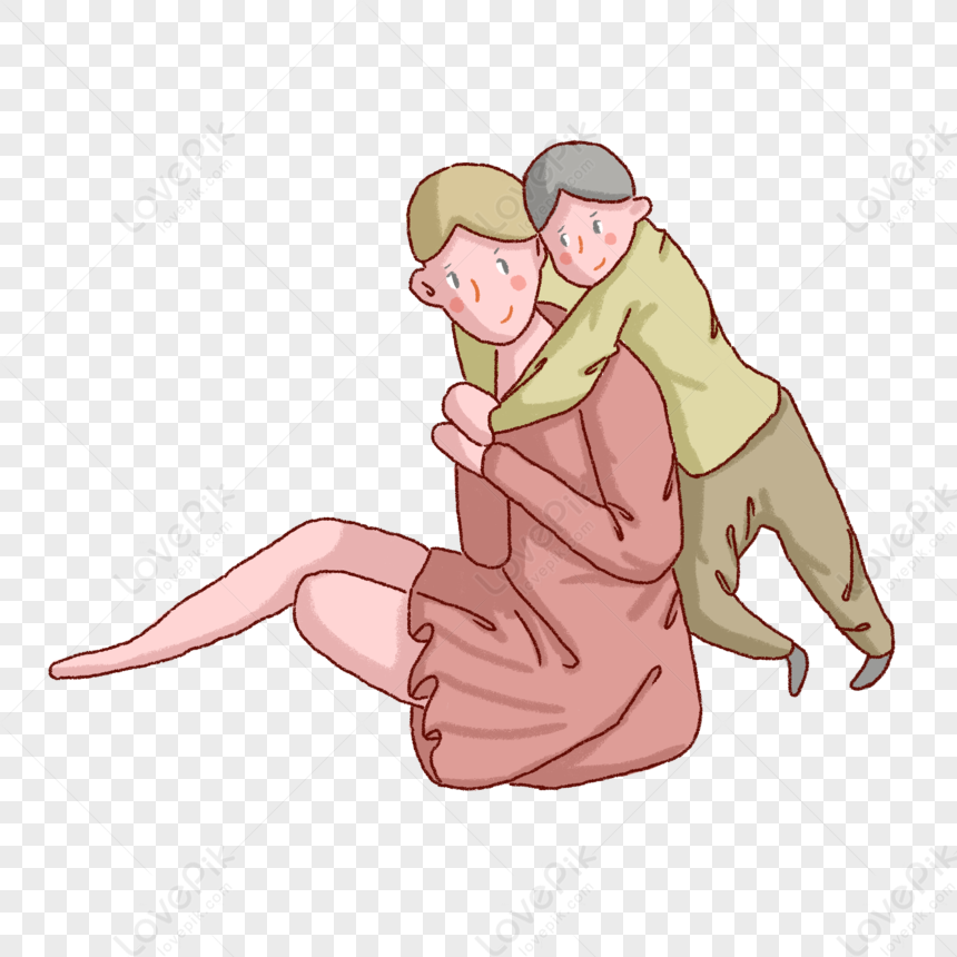 A tender illustration of an elderly man hugging a seated woman from behind, both smiling warmly in a cozy embrace.