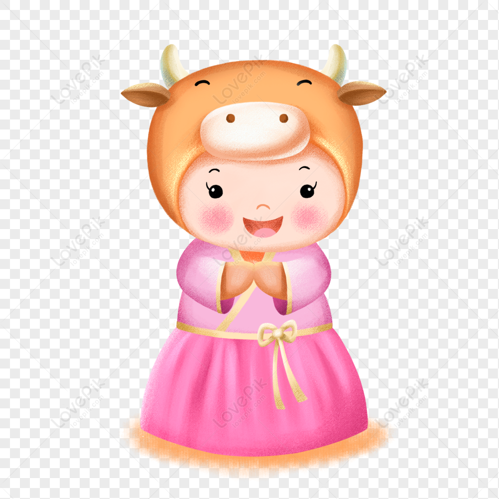 Cute cartoon child in pink traditional dress wearing a smiling ox headpiece, hands clasped in greeting.