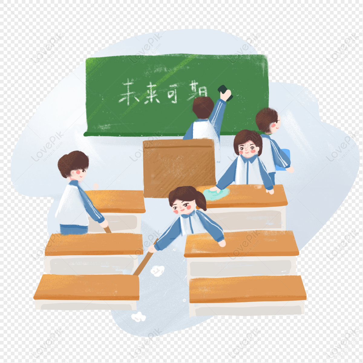 Students in a classroom cleaning desks and writing "未来可期" on the chalkboard, symbolizing hope and academic effort.