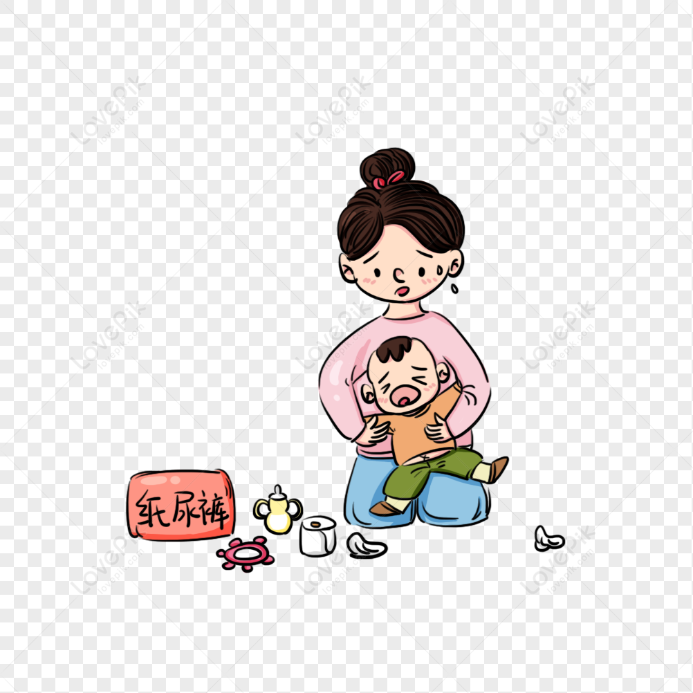 Tired mother holding crying baby amid scattered diaper supplies including a box labeled "纸尿裤" (diapers).