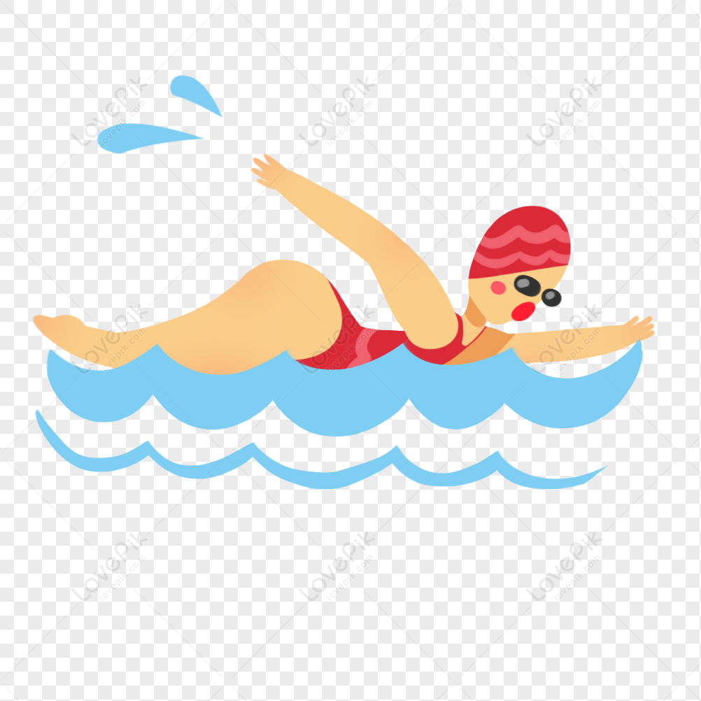 A cartoon woman in a red swimsuit, cap, and goggles swimming freestyle with blue water splashes.
