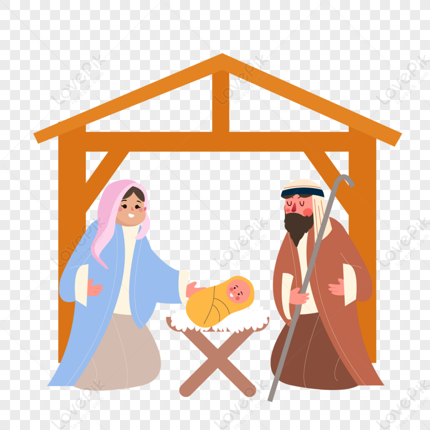Nativity Scene Illustration - Mary, Joseph, and Baby Jesus in Manger