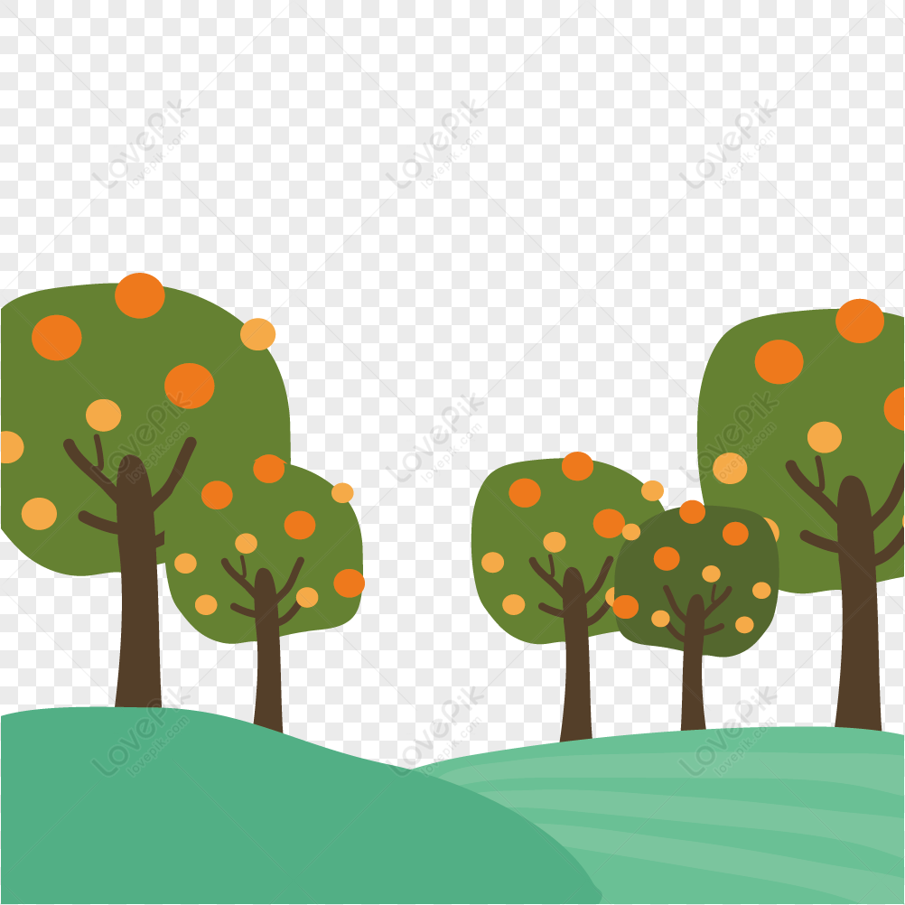 Stylized autumn trees with orange fruits on green hills against transparent background.