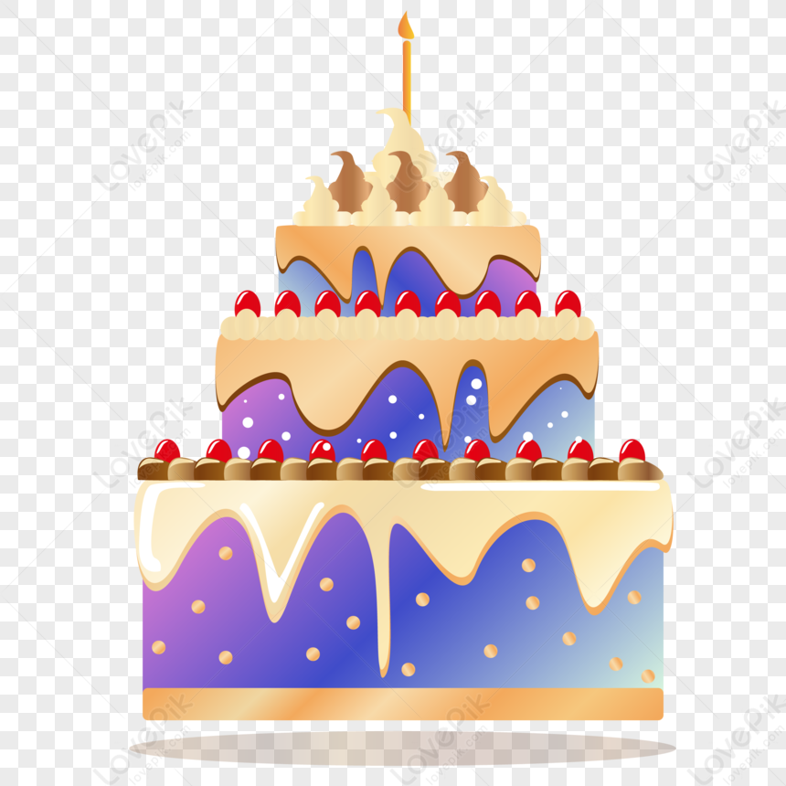 A colorful three-tiered birthday cake with purple-blue gradient frosting, red cherries, chocolate swirls, and a single lit candle on top.