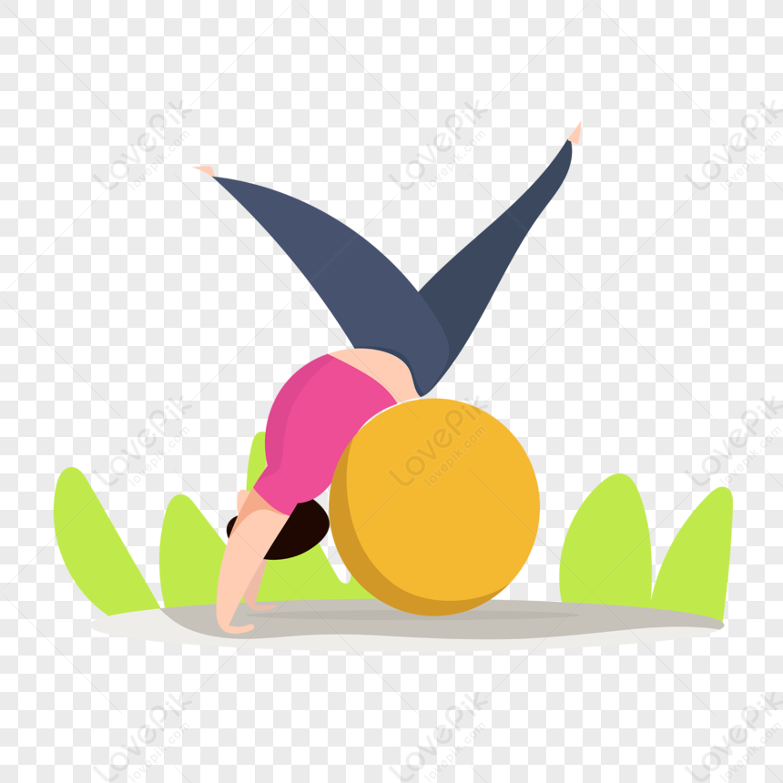 Person performing a yoga pose with a large yellow exercise ball on grassy ground.