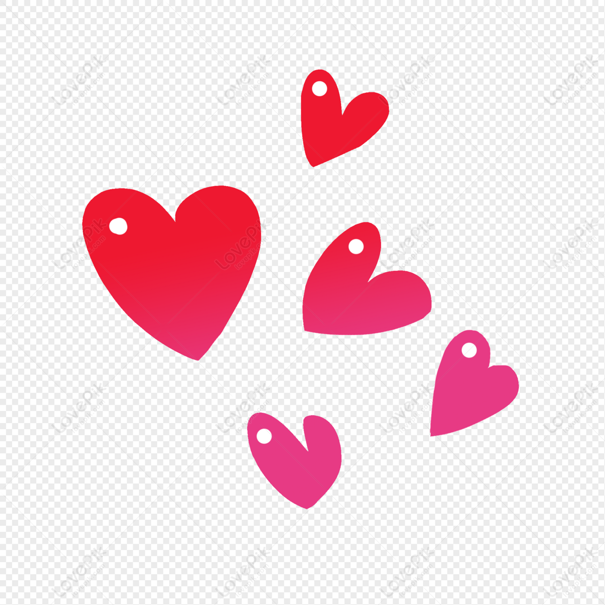 Five red-to-pink gradient hearts with white holes, floating on transparent background.