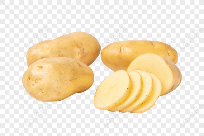 Fresh whole and sliced yellow potatoes on transparent background, showcasing texture and preparation readiness.
