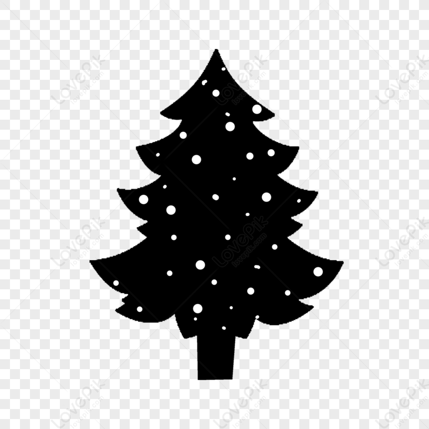 Black silhouette of a snowy Christmas tree with white snowflakes on transparent background.