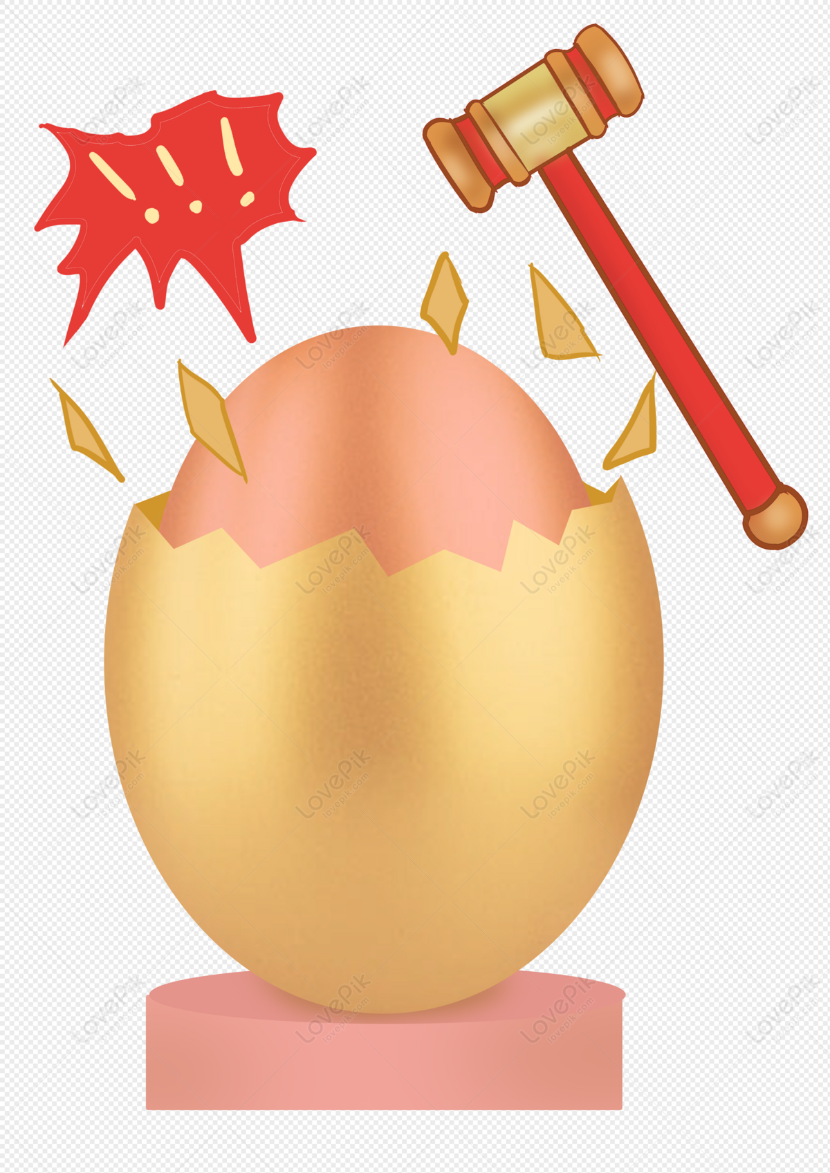 Golden egg cracking open with a gavel striking it, symbolizing auction, opportunity, or breakthrough moment.