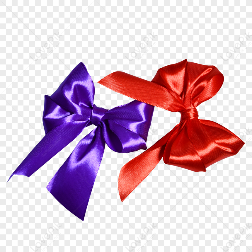 Vibrant purple and red satin bows with glossy finish, tied in classic loops against transparent background.