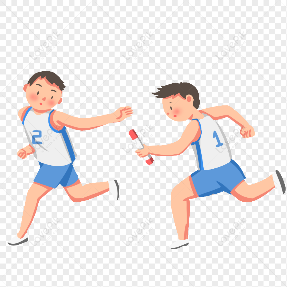 Two cartoon athletes in a relay race exchanging a baton; one wears jersey #1, the other #2.