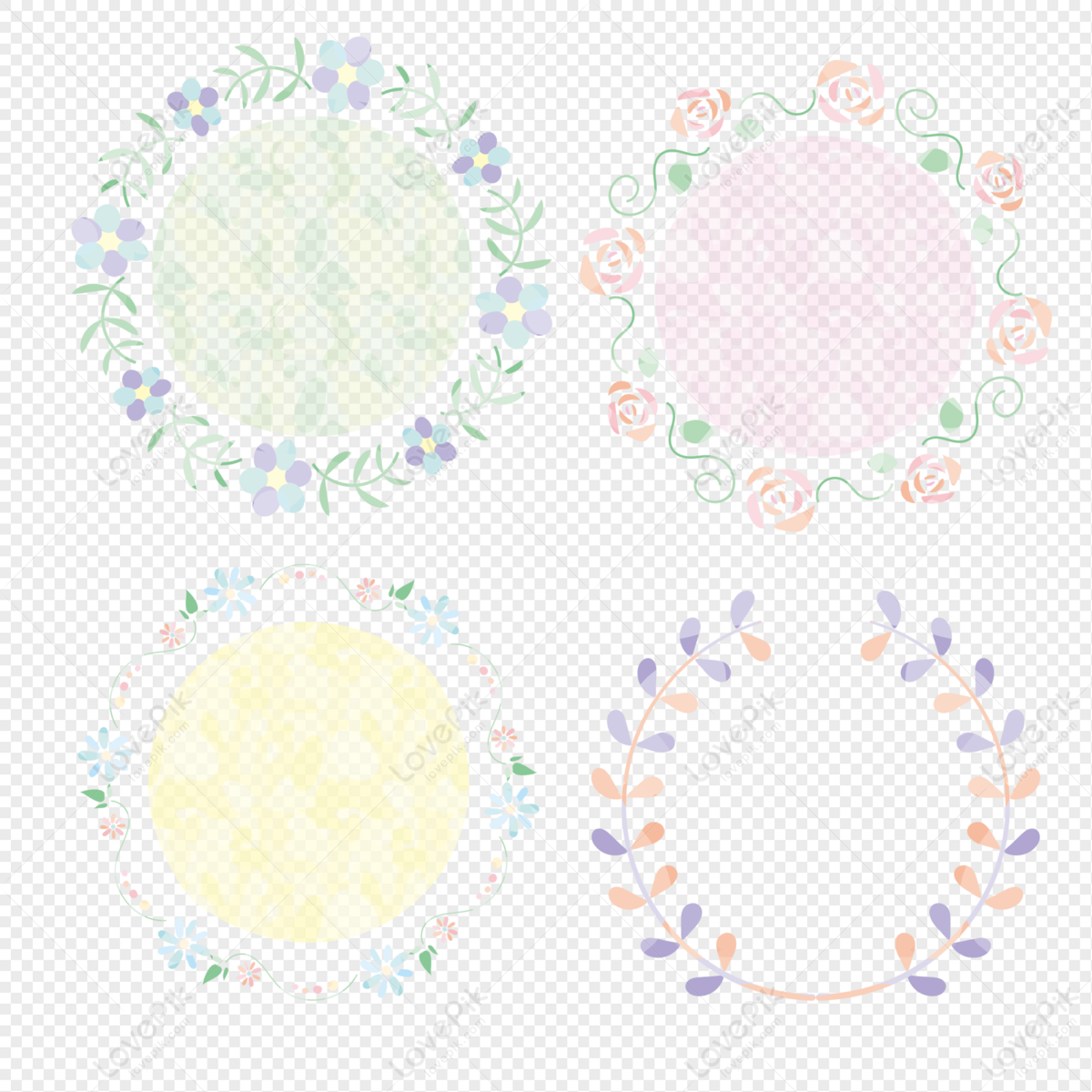 Four pastel floral and leafy circular frames on transparent background, ideal for scrapbooking or digital decoration.