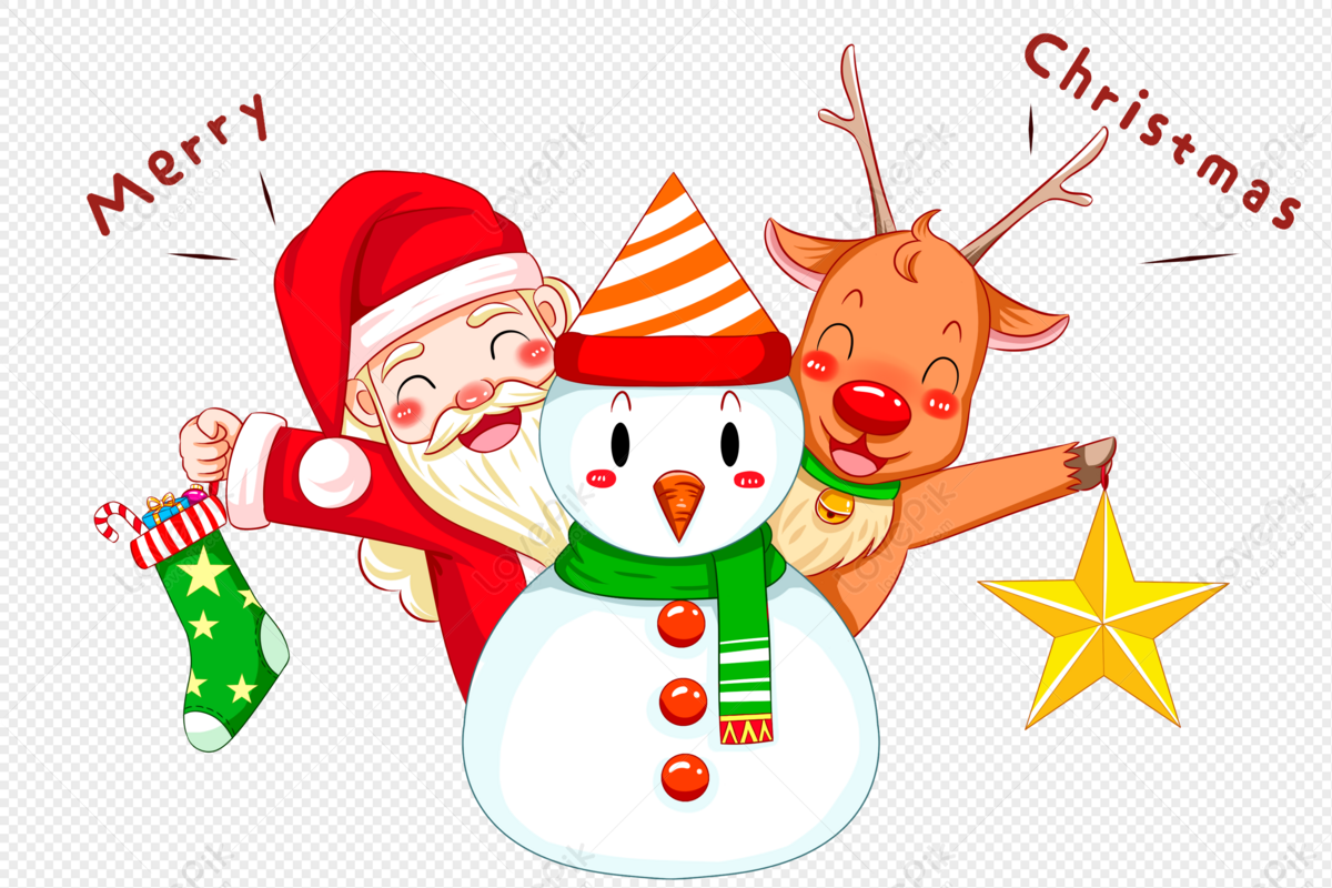 Merry Christmas illustration with Santa, snowman, and reindeer holding star and stocking.