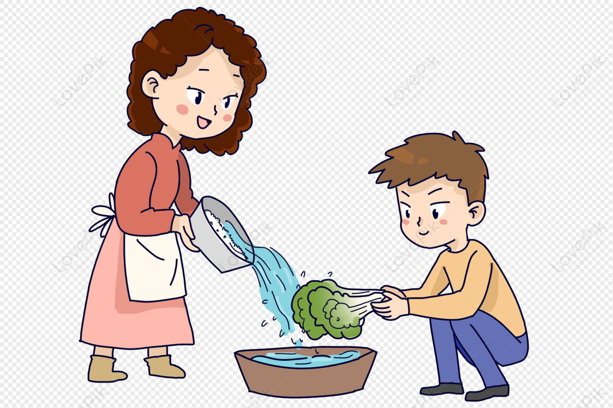 A woman and boy washing broccoli together in a bowl, illustrating family cooking and healthy habits.